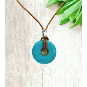 Crackle Turquoise Donut Necklace 30mm Brown Leather Cord Stainless Steel Clasp